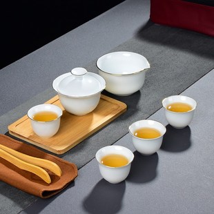 家用羊脂玉瓷泡盖碗茶杯户外茶盘便携包logo定制 功夫旅行茶具套装