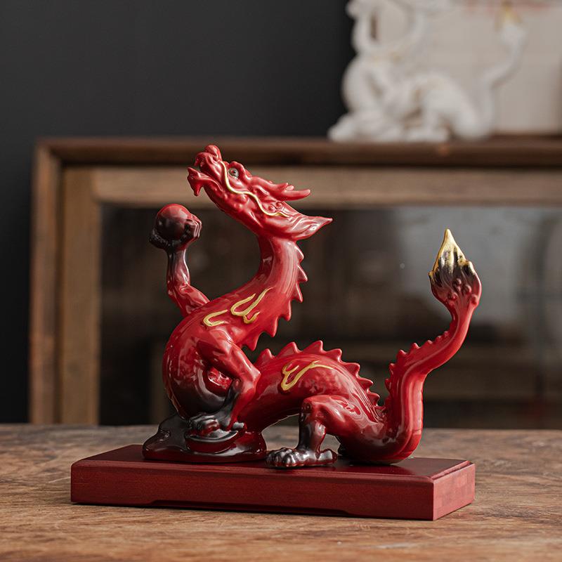 龙年家居色吉物25246摆客厅酒件柜办公室桌面祥摆件红龙博古架玄