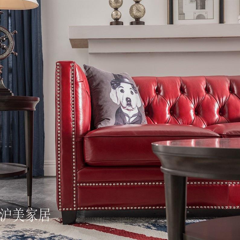 地美式乡村皮沙000000发小户拉扣中海现代简约型g三人组合客厅复