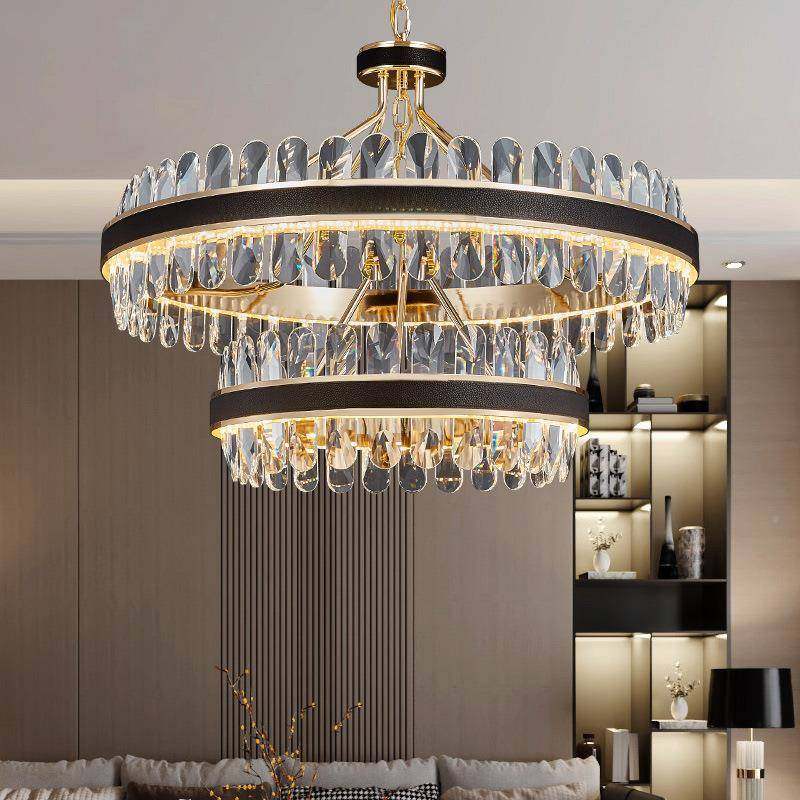 室水晶吊灯客厅现代约MQI简led黑色皮革灯具创意圆卧灯网红形餐厅