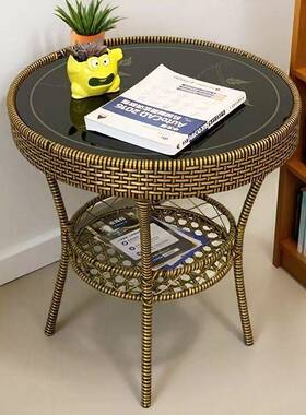 藤编茶几小茶圆形简小几圆桌钢易化玻璃大方桌藤子编休闲VWA椅套