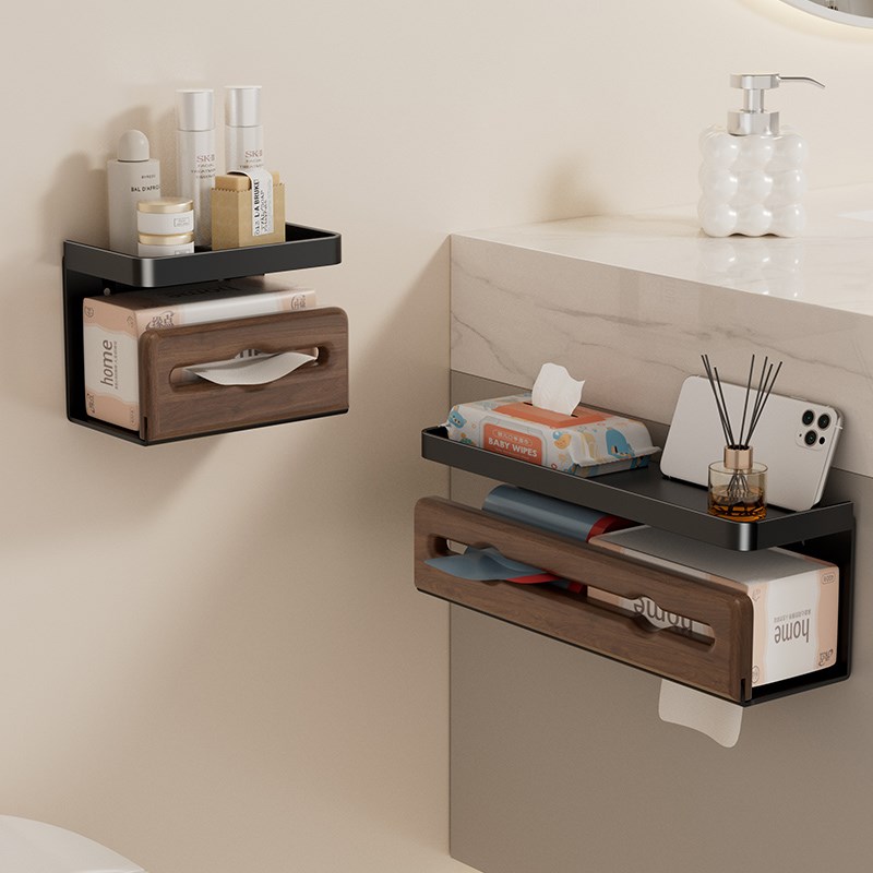 胡桃木纸巾盒免打孔卫生间置物架家用实木纸巾筒木质壁挂式收纳架