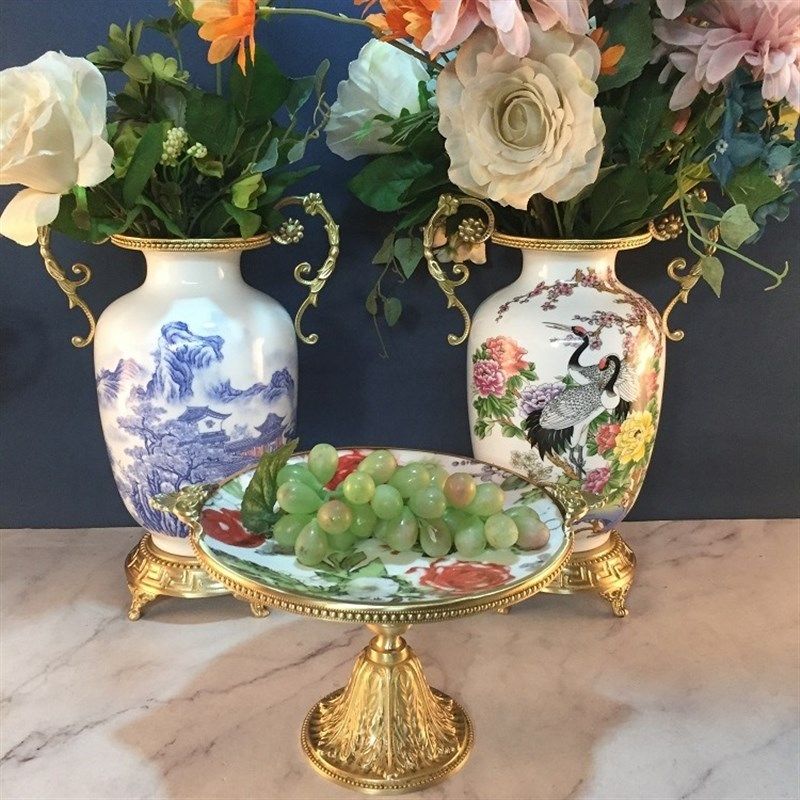 纯铜配陶瓷鲜花花瓶水果盘实用可放水易清洗新中式家居工艺品摆件,家居饰品,家饰软装搭配套装,淘宝优惠券,粉丝福利购,淘宝优惠卷