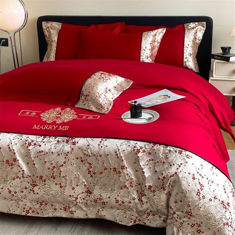 结婚床上用品四i件套大红色喜庆婚庆婚嫁拼接被套喜被婚床婚房新