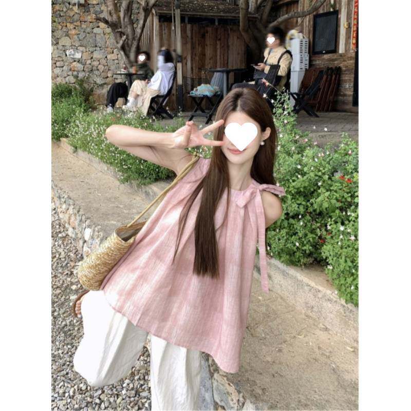 蝴蝶结绑带粉色无袖衬衫夏季女夏温柔法式绝美露肩娃娃衣服上衣