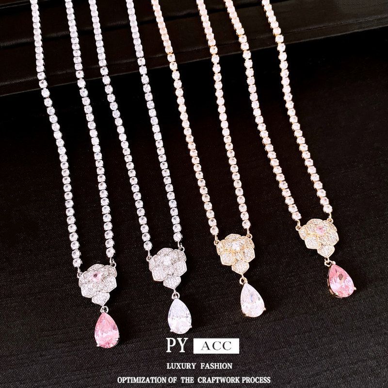 链小众14k花朵锁骨吊坠高级感项饰设计真金轻奢电镀项链锆石水滴