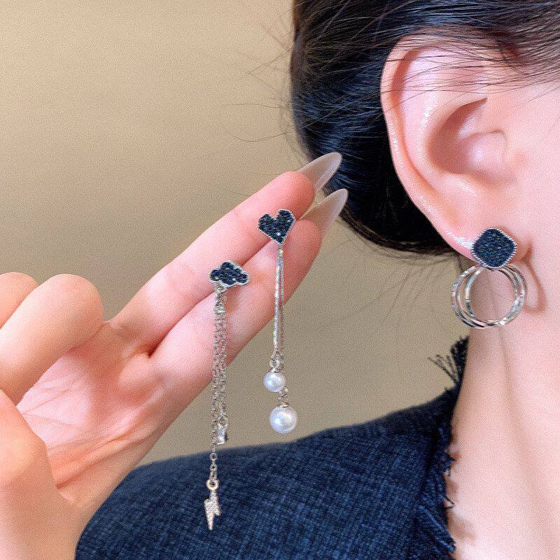 流苏女小众红珍珠蓝色设计耳环闪钻耳爱心吊坠饰品耳钉韩国网个性