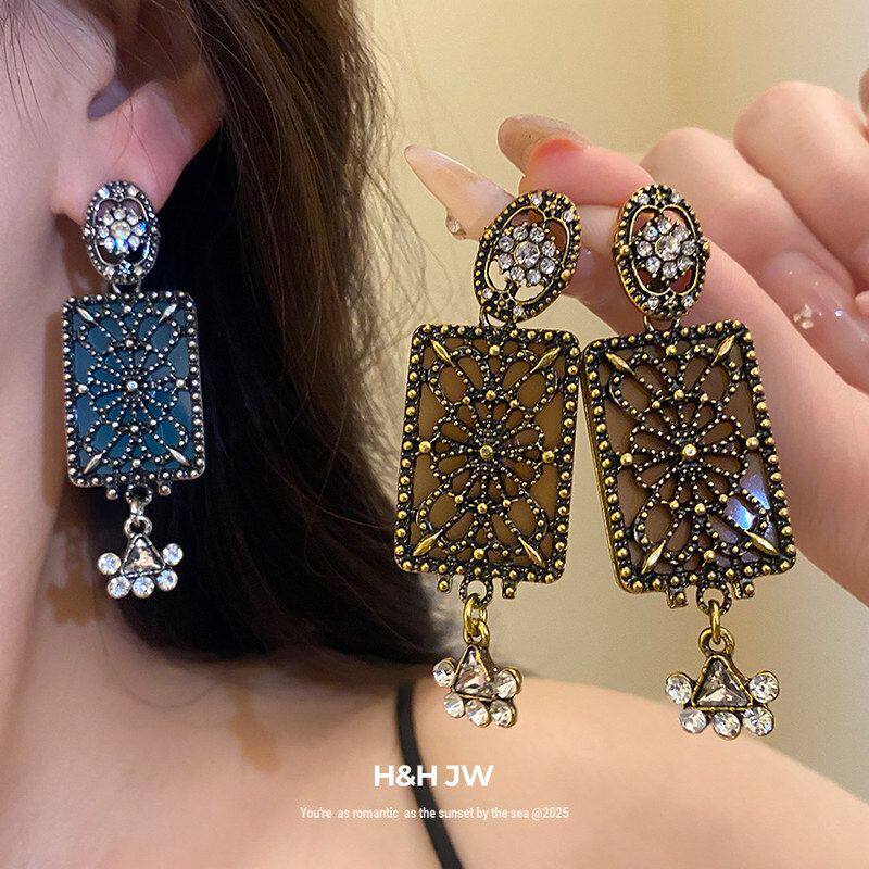 耳钉银针复古镶钻vintage耳饰高级感中古方形吊坠耳环轻奢宫廷风