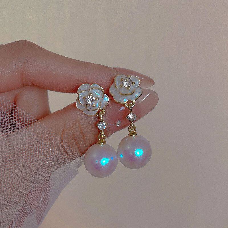 时尚珍珠耳钉耳环山茶花气质吊坠高级感小名媛饰品香风小众个性耳