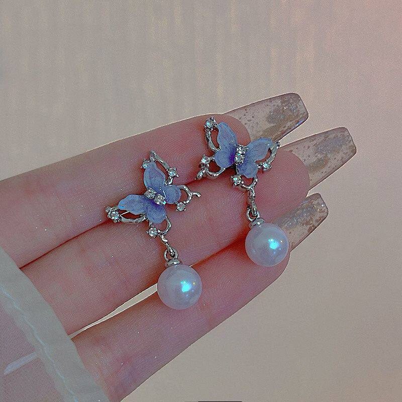 耳环蝴蝶爆款珍珠耳钉小众耳饰设计高级时尚森系吊坠气质蓝色渐变