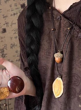 复古天然裙子橡果项链新中式波