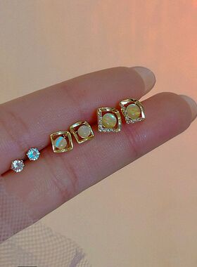 精致套装时尚锆石高级设计感耳饰耳钉耳环猫眼石三对装百搭女轻奢