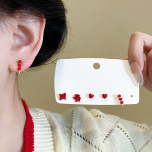 复古风喜庆耳钉高级感小众名族中国风红色发财套装耳饰耳环百搭女