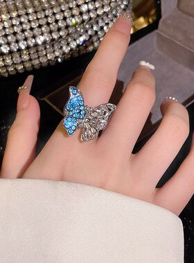 指环蝴蝶蓝色森系个性戒微锆石
