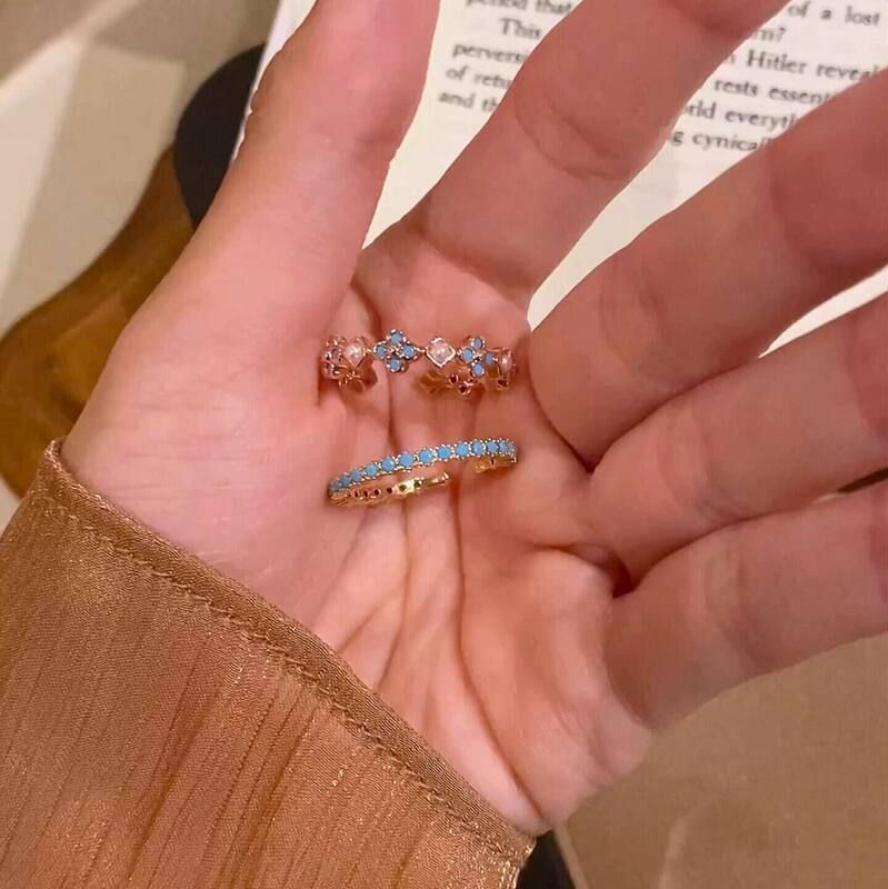 中复古戒指指环法式花朵绿松石