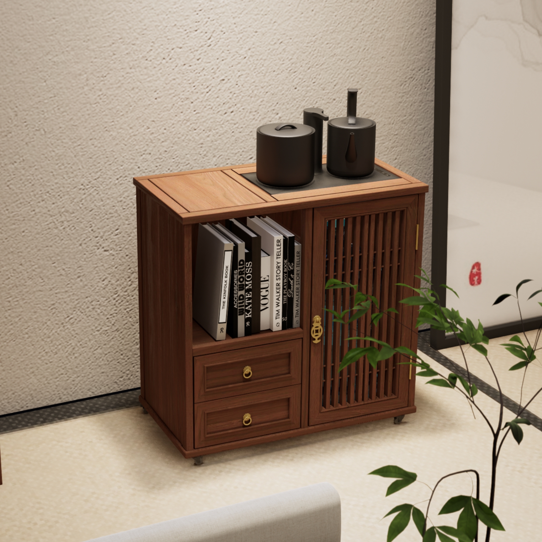 新中式实木移动边几收纳柜