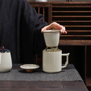 汝窑办公室带盖家用个人泡茶杯茶水分离陶瓷过滤内胆水杯定制 中式