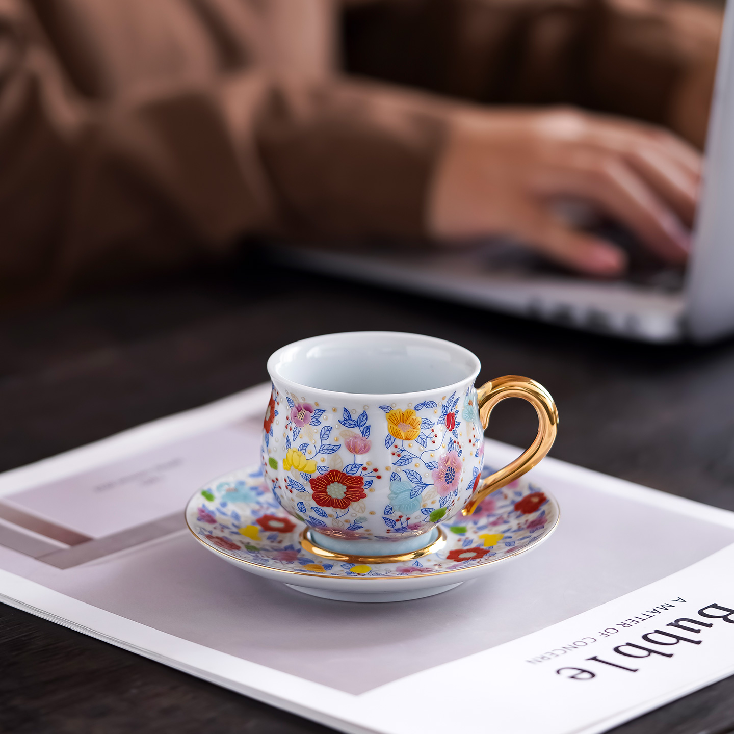 精致高档万花斗彩陶瓷杯女士个人专用办公室咖啡杯茶杯简约喝水杯