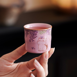 粉色汝窑紫藤猫咪茶杯陶瓷家用女士个人单杯品茗杯开片可养主人杯
