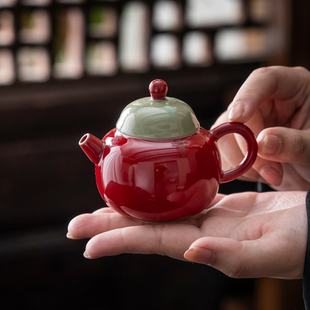 故宫红秘色福禄茶壶陶瓷单壶文人泡茶壶家用功夫茶具带过滤泡茶器
