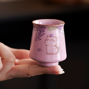 粉汝紫藤花猫咪茶杯个人杯主人杯家用茶室功夫茶具女士品茗杯单杯