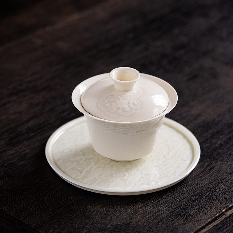彷宋定窑白瓷盖碗品茗茶杯功夫茶具三才大容量不烫手家用泡茶碗