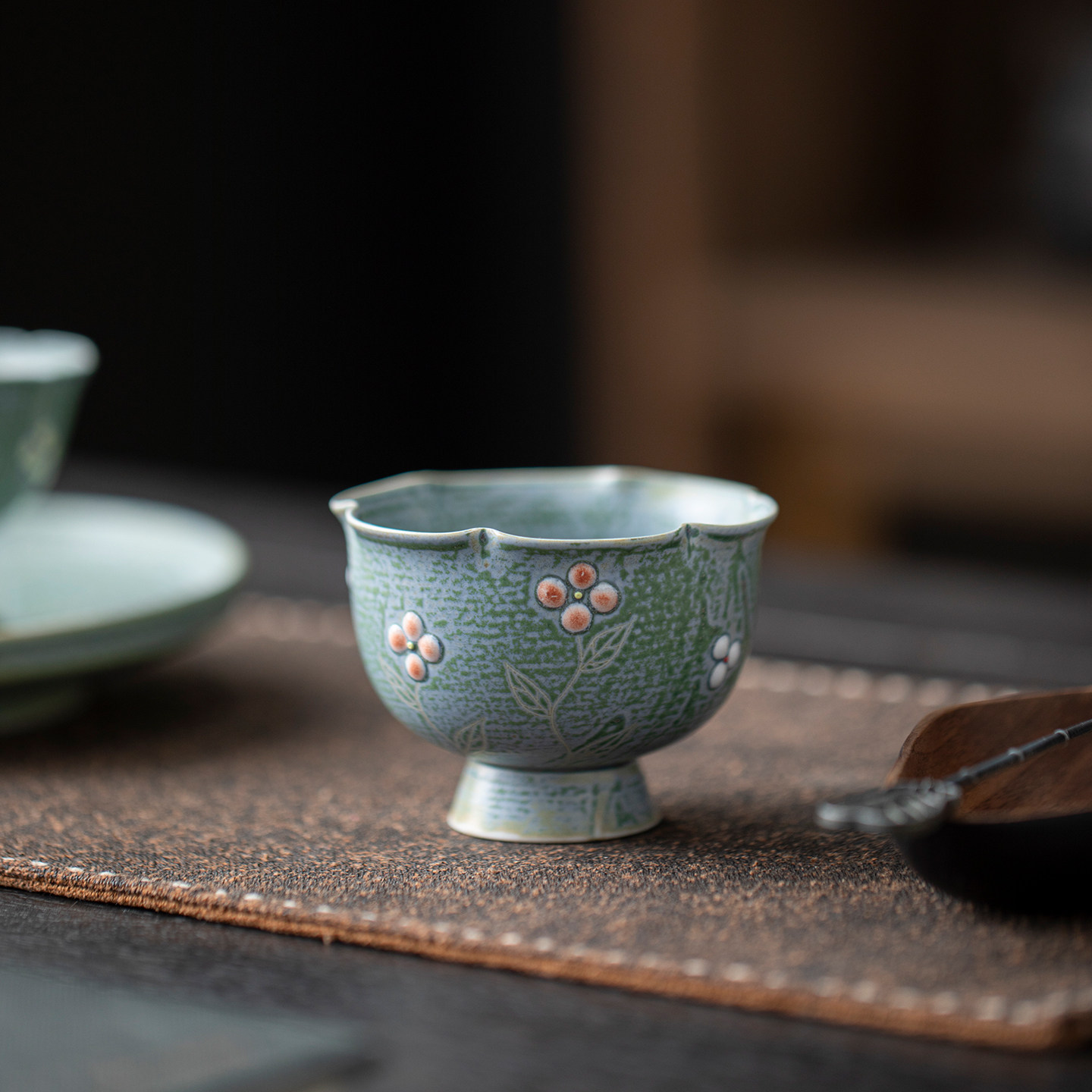 松石绿堆釉手工原矿花口高足主人杯品茗杯家用复古功夫茶具单人杯,餐饮具,茶杯,淘宝优惠券,粉丝福利购,淘宝优惠卷