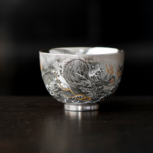 鱼化墨龙鎏银主人杯品茗杯家用水墨风复古功夫茶具个人喝茶品茗杯
