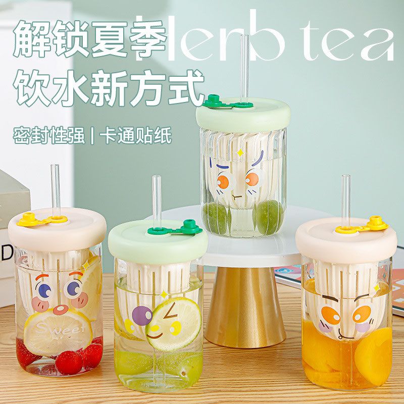 高硼硅表情花茶杯ins风高颜值带盖吸管茶漏茶水分离杯办公室家用z