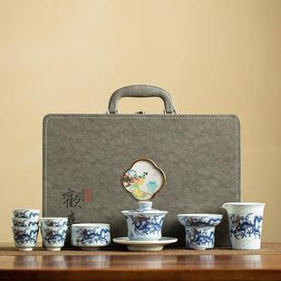 陶瓷盖碗茶杯轻奢高档家用喝茶中式 仿古釉影青金银错功夫茶具套装