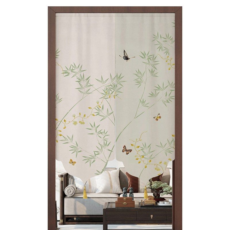 新中式卧室c客厅门帘仿亚麻免打孔卫生间遮挡布帘厨房隔断遮光门