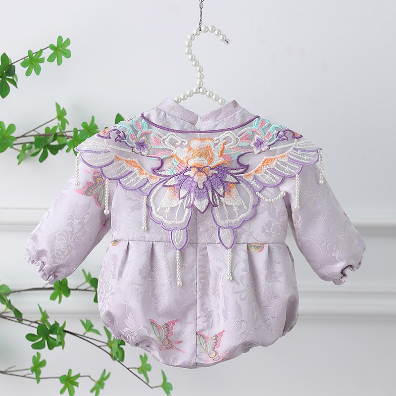 一周岁女宝宝礼服旗袍中式紫色满B月婴儿抓周百日宴衣服国风秋冬