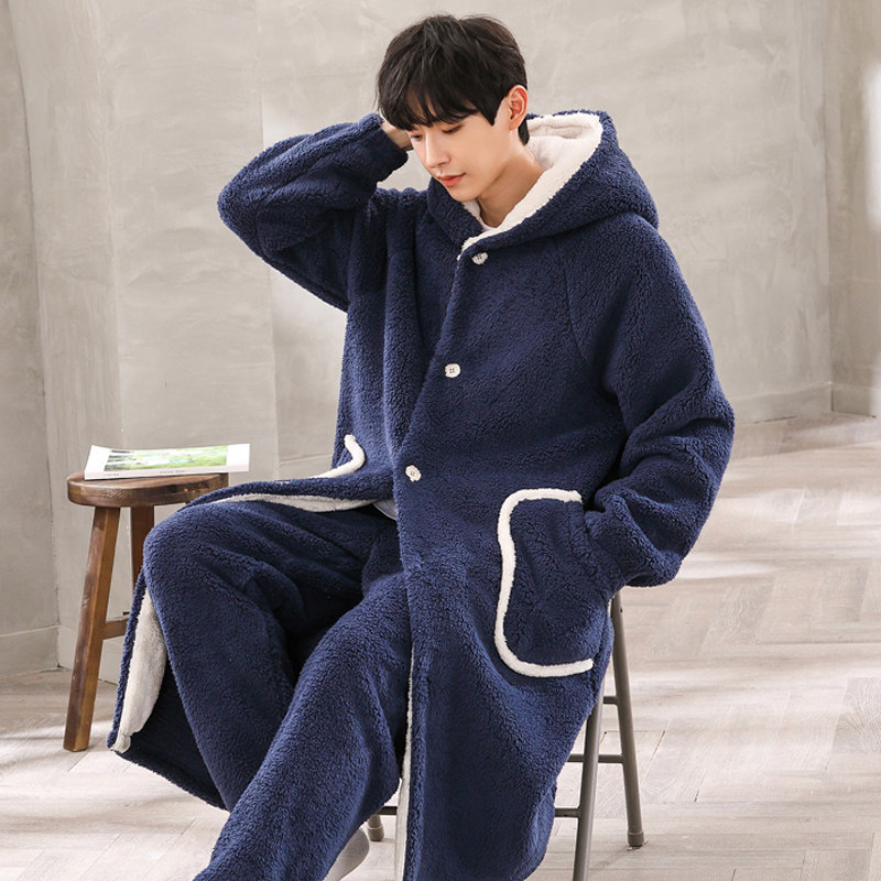 睡袍男秋冬季加厚珊瑚绒r浴袍男士卡通可爱大码法兰绒长款保暖睡