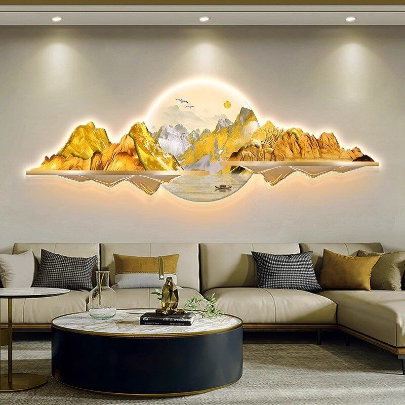 带灯山水画客厅挂画轻奢灯光画沙发背景墙装饰画M2024新款LED壁灯