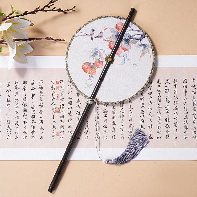 中国风古画长柄紫竹腰扇r汉服搭配可折叠旋转长流苏团扇可换扇面