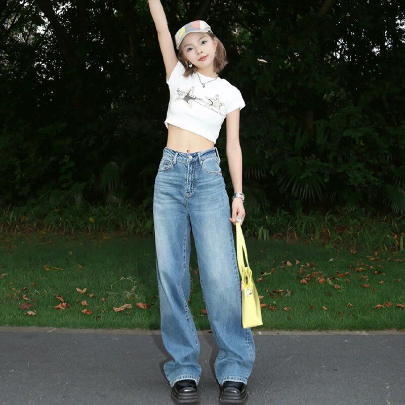 高腰直筒牛仔f裤女宽松显瘦美式窄版阔腿裤水洗复古浅蓝色百搭裤