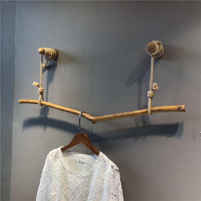 服装店衣架展示架麻绳复古上墙树枝正挂木质壁挂童装W装修货架新