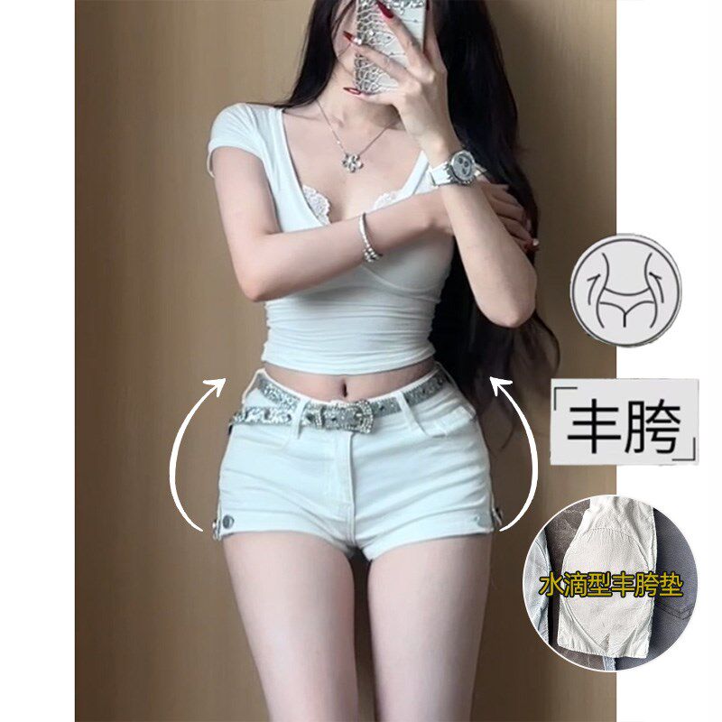 李李服饰白色侧边拉链紧身丰胯牛仔短裤女2024秋T季新款弹力显瘦