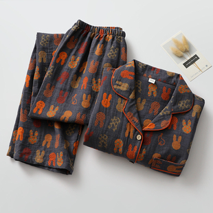 复古卡通睡衣男女纯棉纱薄日系翻领长袖 情侣家居睡眠服可外 长M裤