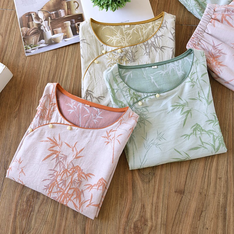 新款国风竹子复古盘扣睡衣女春夏纯棉纱I布提花宽松全棉家居服套