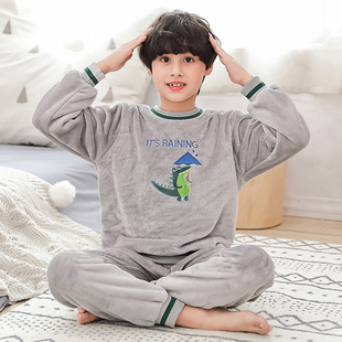 男童睡衣法兰绒秋冬季儿童珊瑚绒套装中大童O加绒男孩加厚款家居