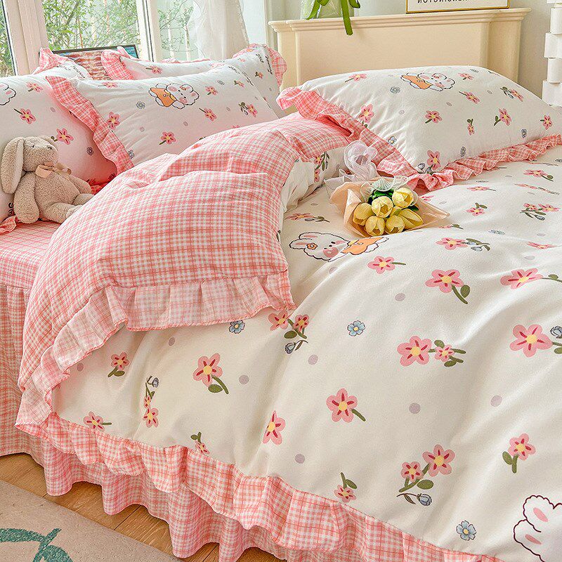 韩版小清新纯棉磨毛四件套床裙款卡通花边被套Q学生宿舍三件套