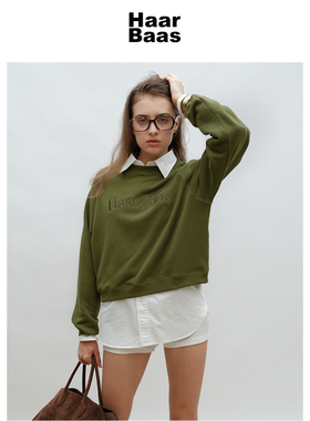 Haar Baas 山林绿色复古字母刺绣纯棉套头圆领短款宽松卫衣