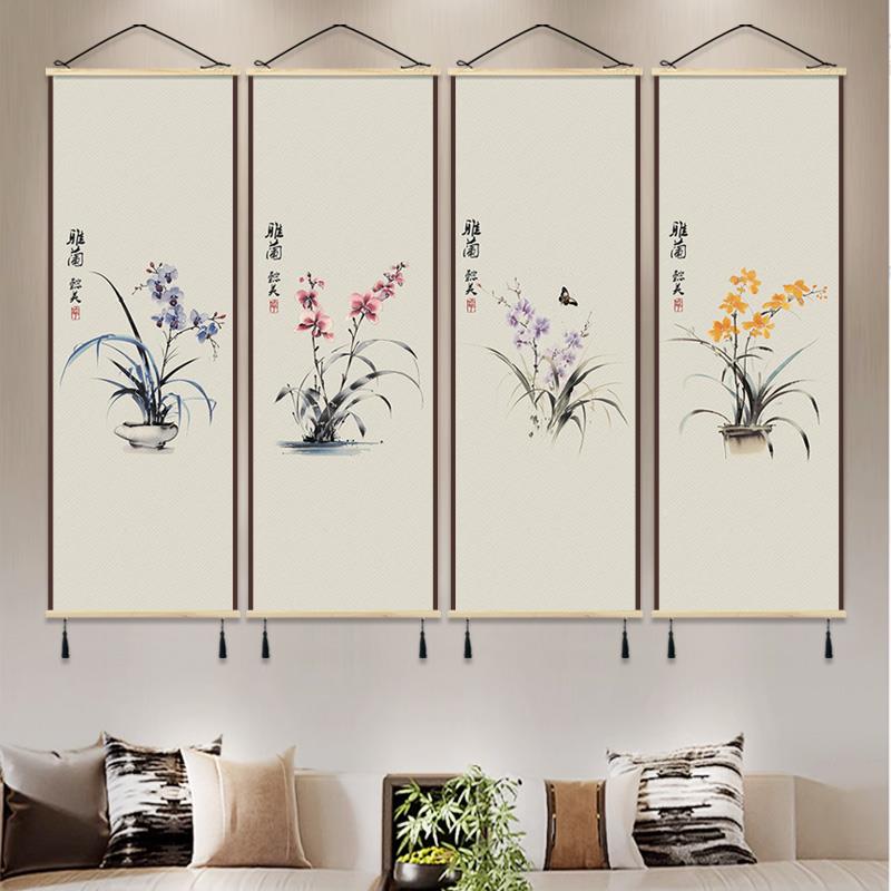 新中式布艺挂画茶室书房装饰画客厅背景墙玄关画走廊竖版画图片