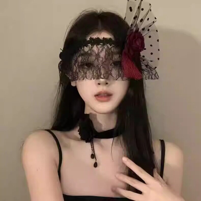 暗黑风面纱女小众红玫瑰性感半脸蕾丝脸饰面具万圣节派对拍照
