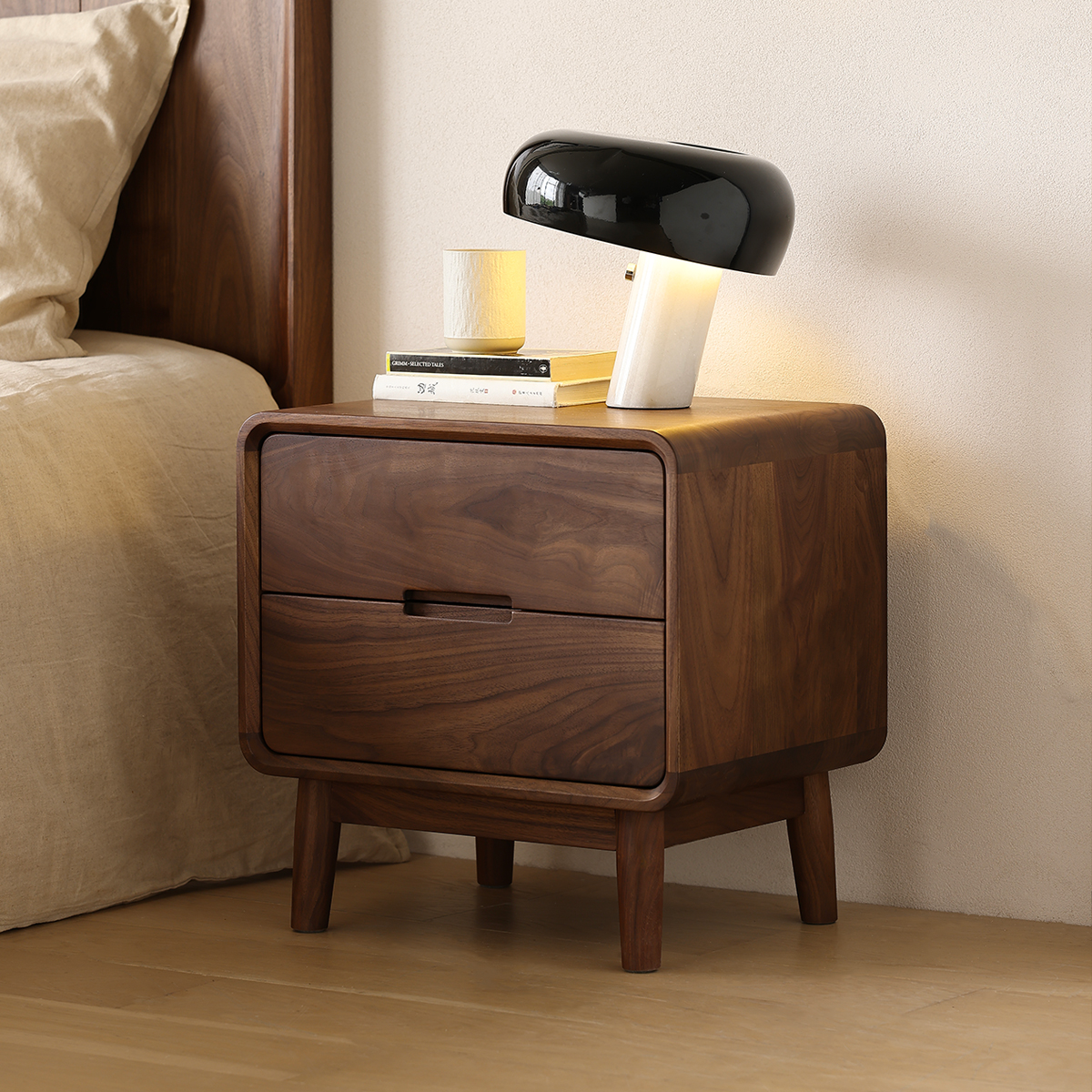 晨物黑胡桃木置物架床头柜