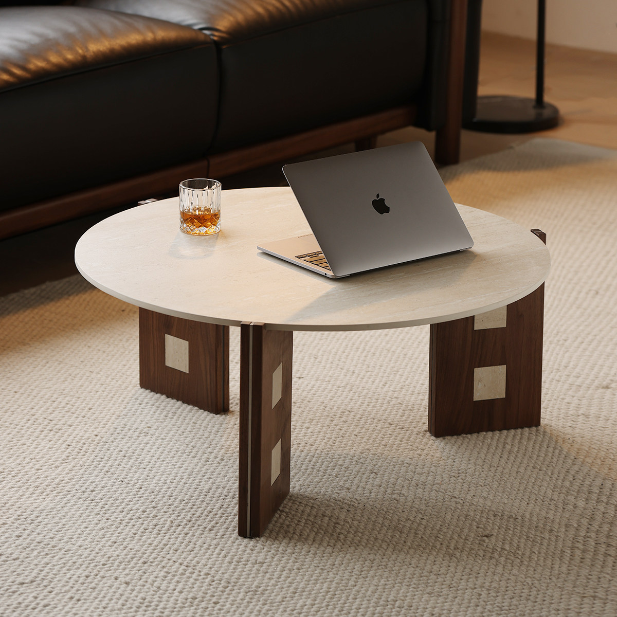 晨物家居黑胡桃木洞石岩板茶几北欧风现代简约家用小户型客厅茶台