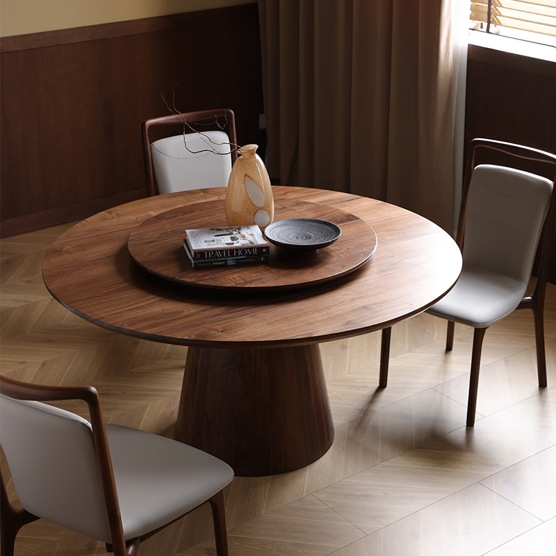 晨物北欧圆形黑胡桃木餐桌