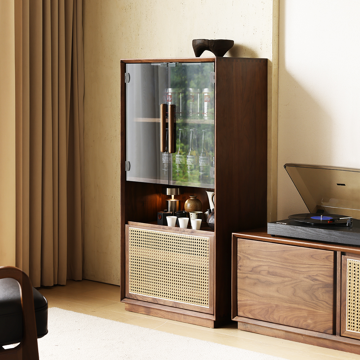 北美黑胡桃实木斗柜小户型客厅电视边柜中古展示柜卧室靠墙储物柜