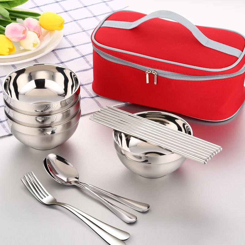 实融不锈钢碗学生包便携具套KMO餐装4碗4筷2勺子2叉筷子饭碗野餐